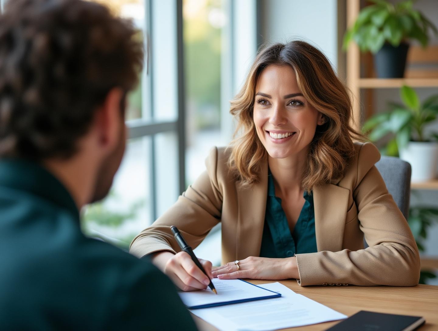 At an office setting with a client, showing documents reaching across the desk with a positive gesture.
