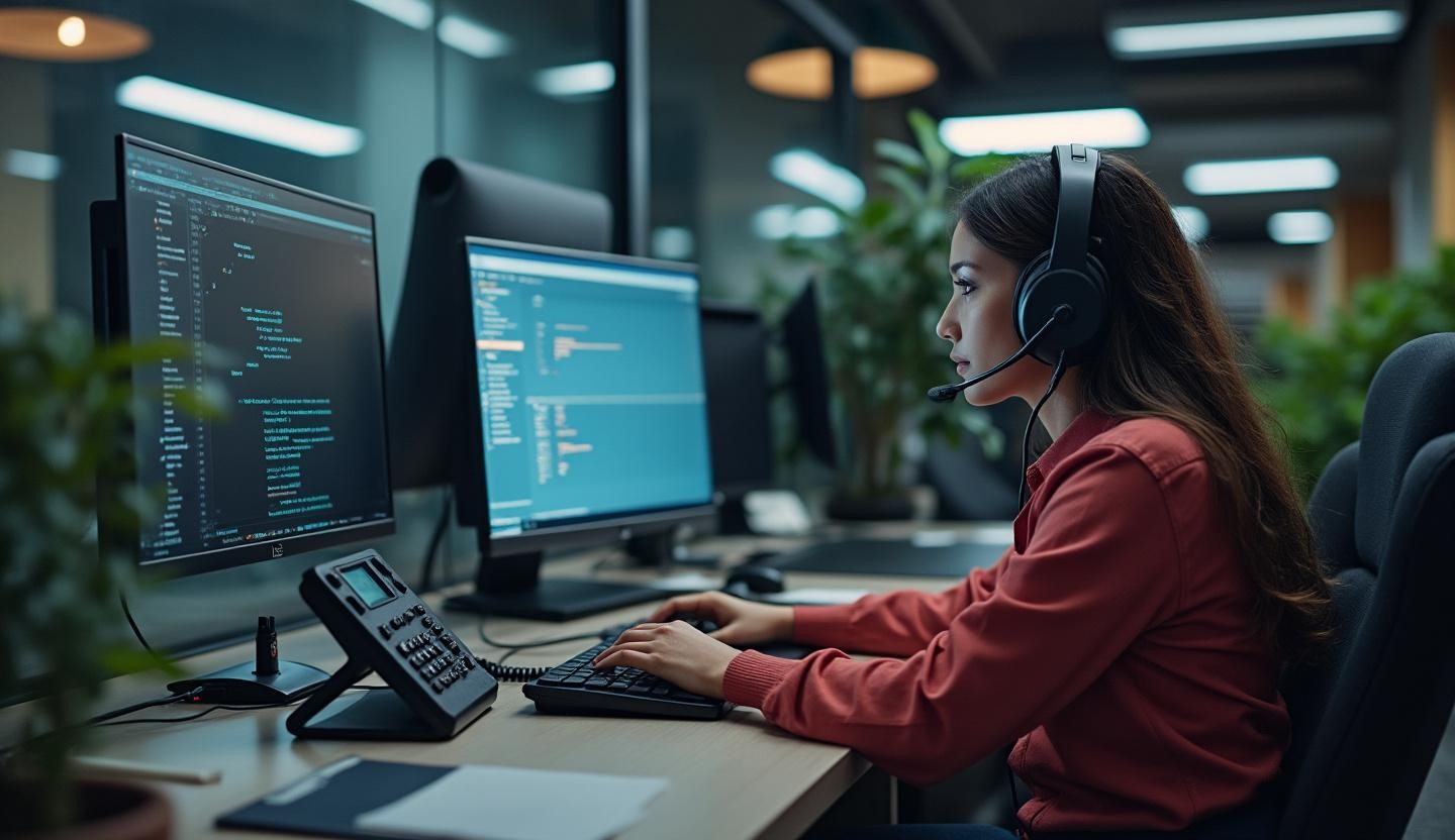 Assisting a customer over the phone at a modern office workstation