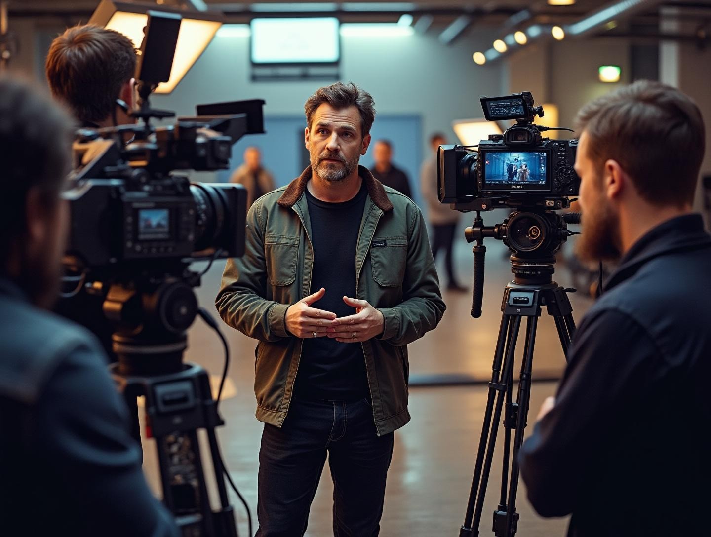 Discussing a scene with actors on a movie set surrounded by cameras and crew equipment