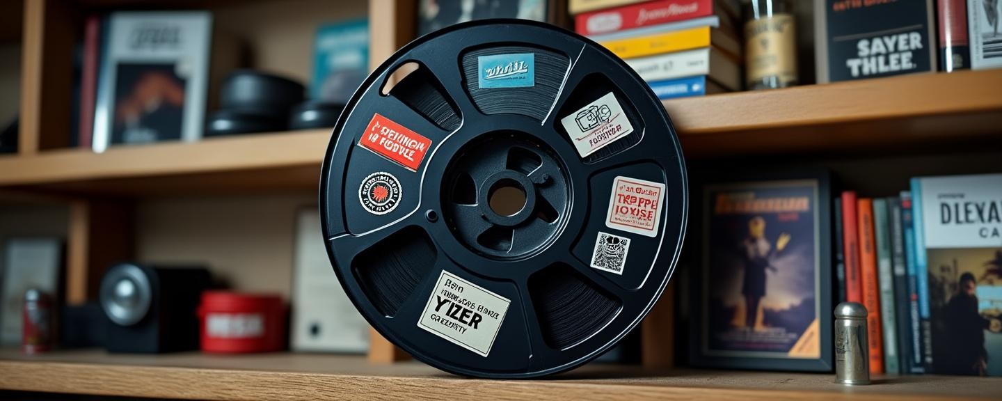 Displayed creatively on a shelf filled with film memorabilia