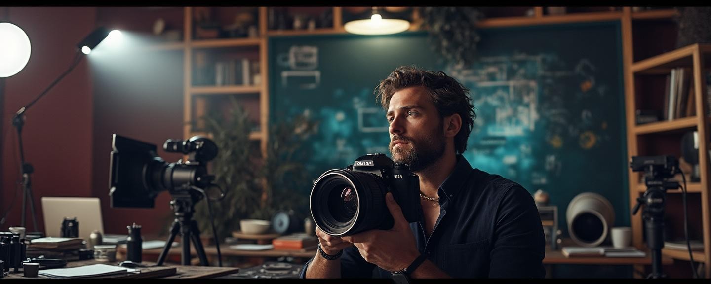 Indoor setting, surrounded by film equipment and scripts scattered around