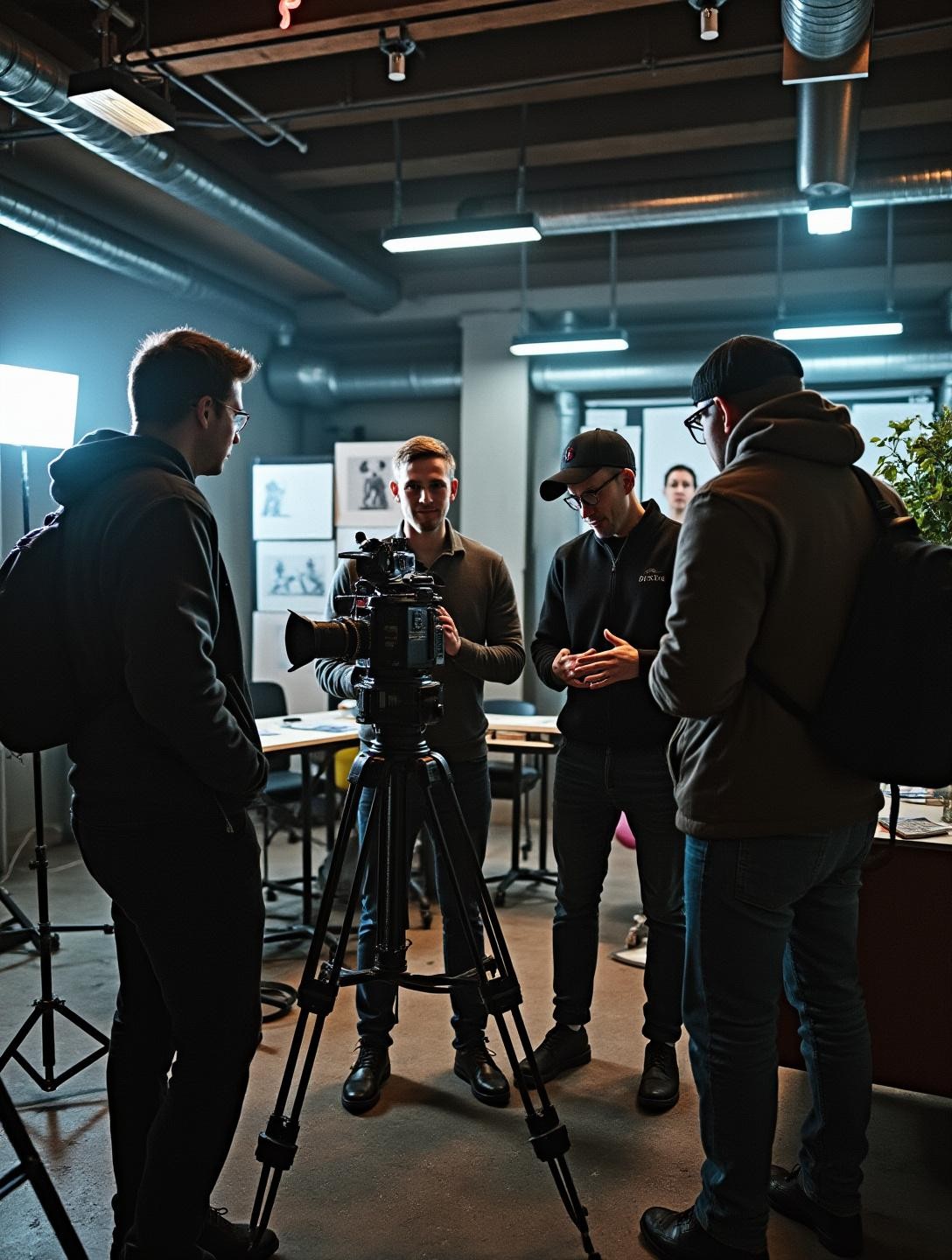 Open studio space with cameras and lights; storyboards visible in the background