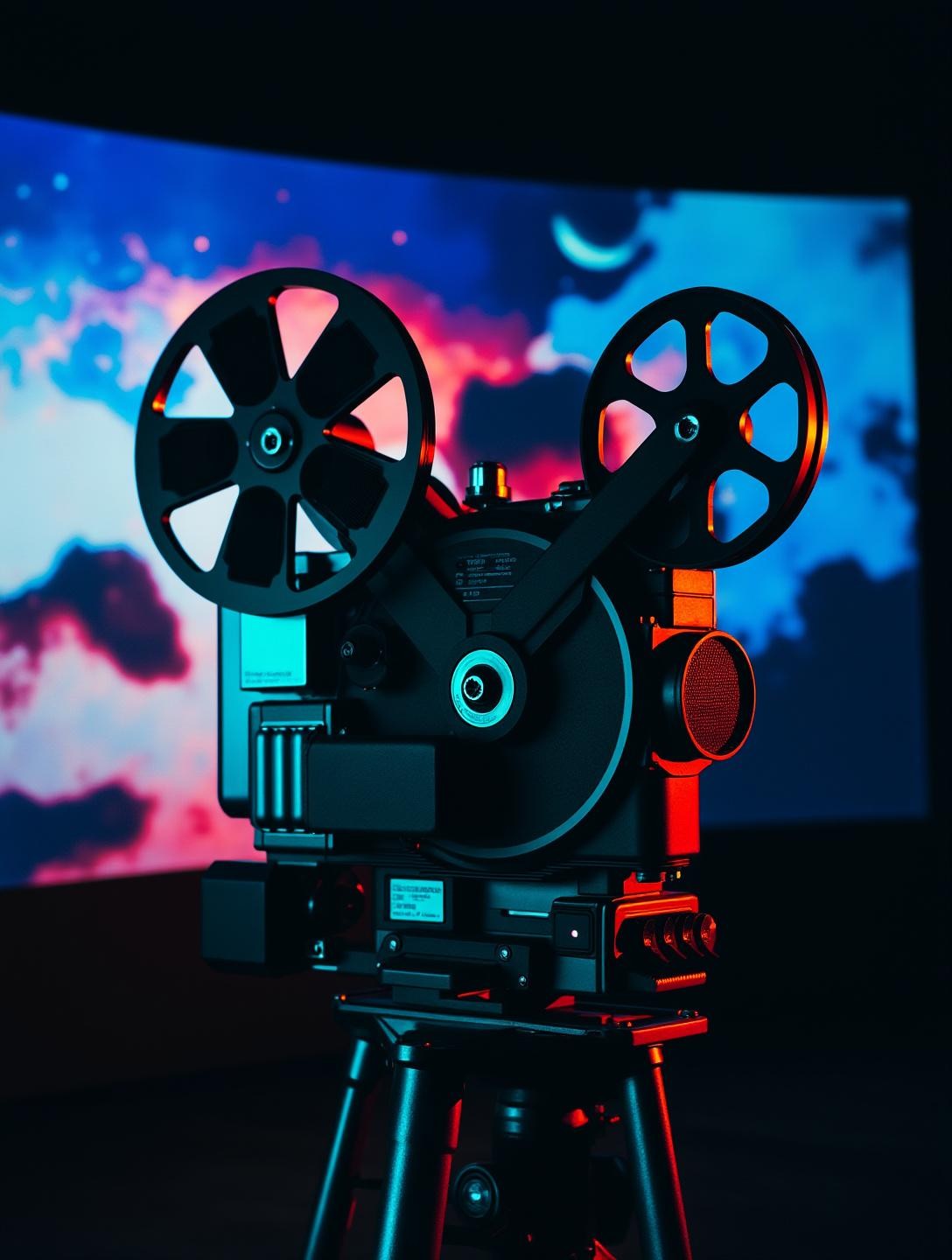 Dark room, with vibrant light projections on the wall creating an engaging ambiance