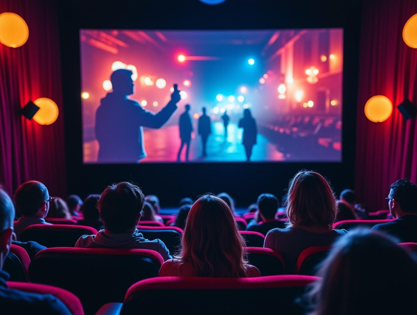 Small theater setting with rows of plush seats, screen showcasing vibrant cinematic scenes