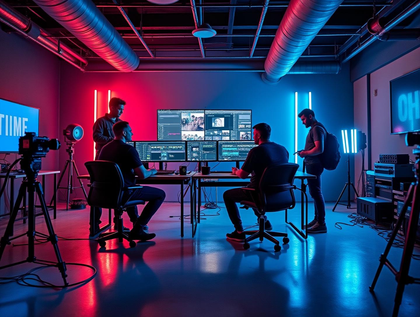 Collaboratively working in a vibrant studio filled with cameras, editing monitors, and lighting equipment