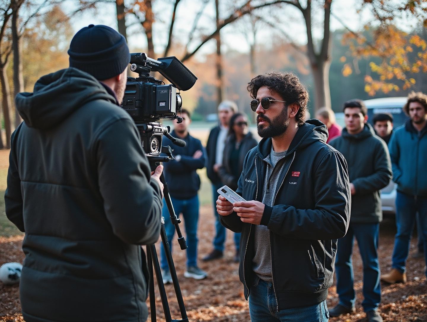 Outdoor film set with cast and crew members engaged in a scene