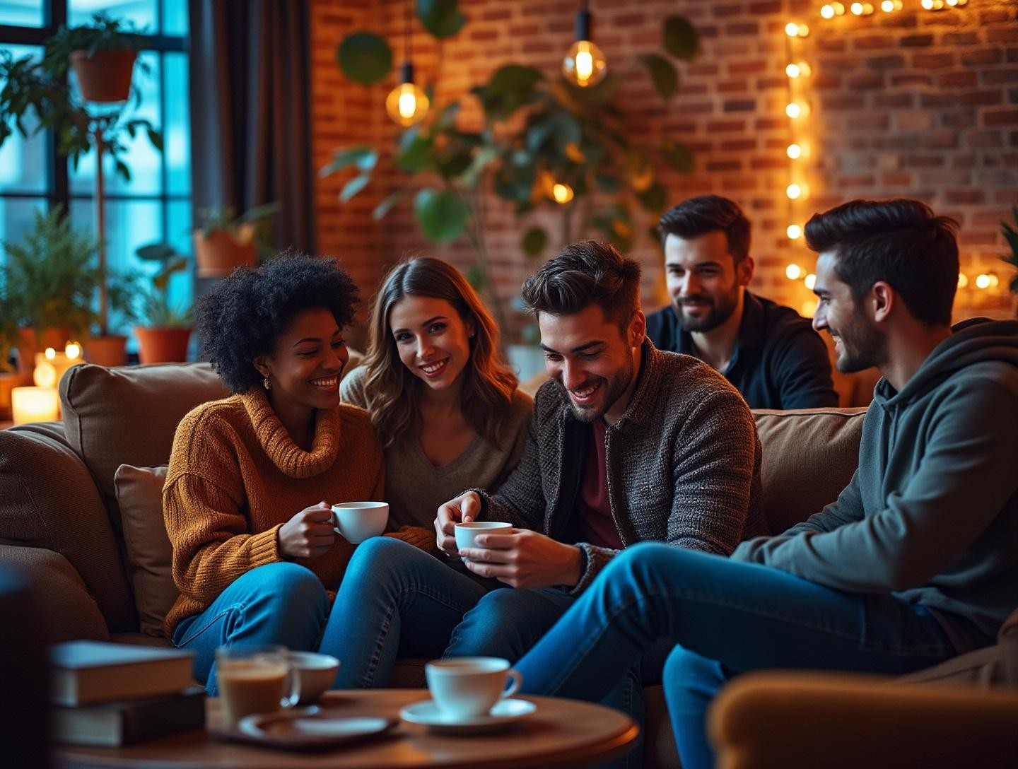 Cozy living room setting with diverse group of people discussing films over coffee