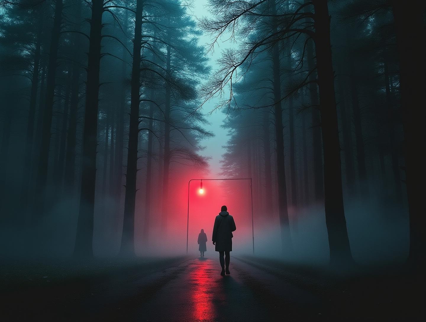 Intense atmosphere with shadowy figures and dramatic lighting, suggesting mystery