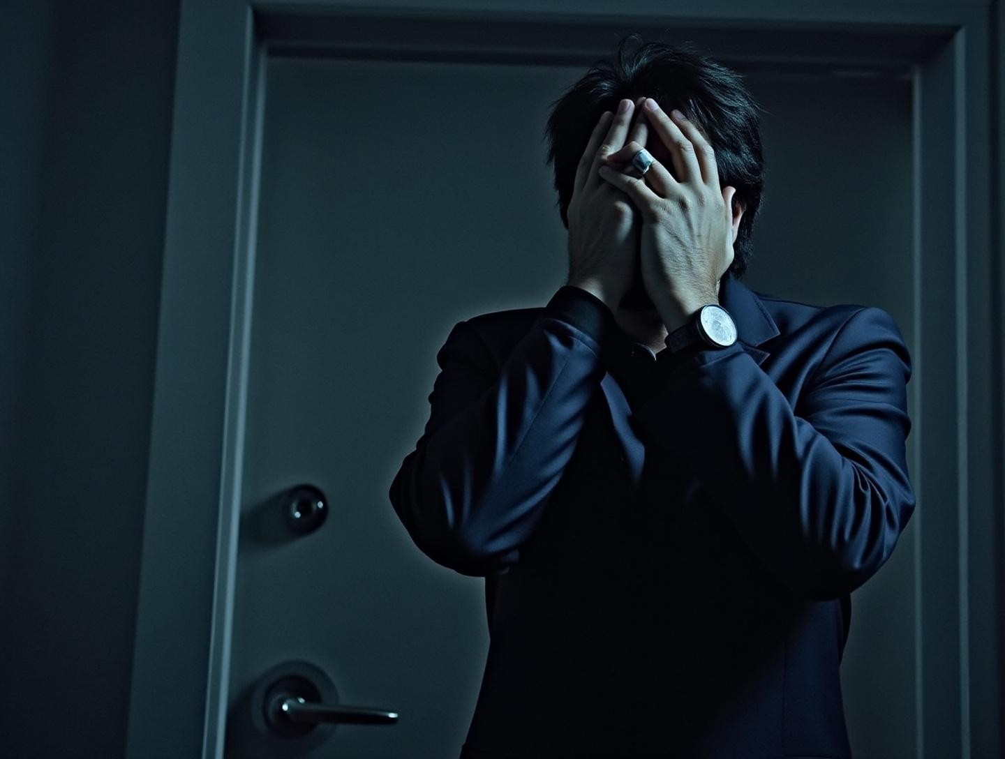 Dark, moody environment with a character appearing deep in thought or confrontation