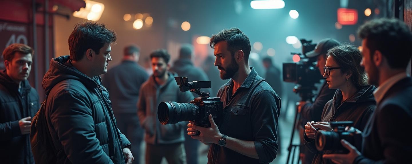 A film set behind the scenes with production crew members assisting in a busy environment
