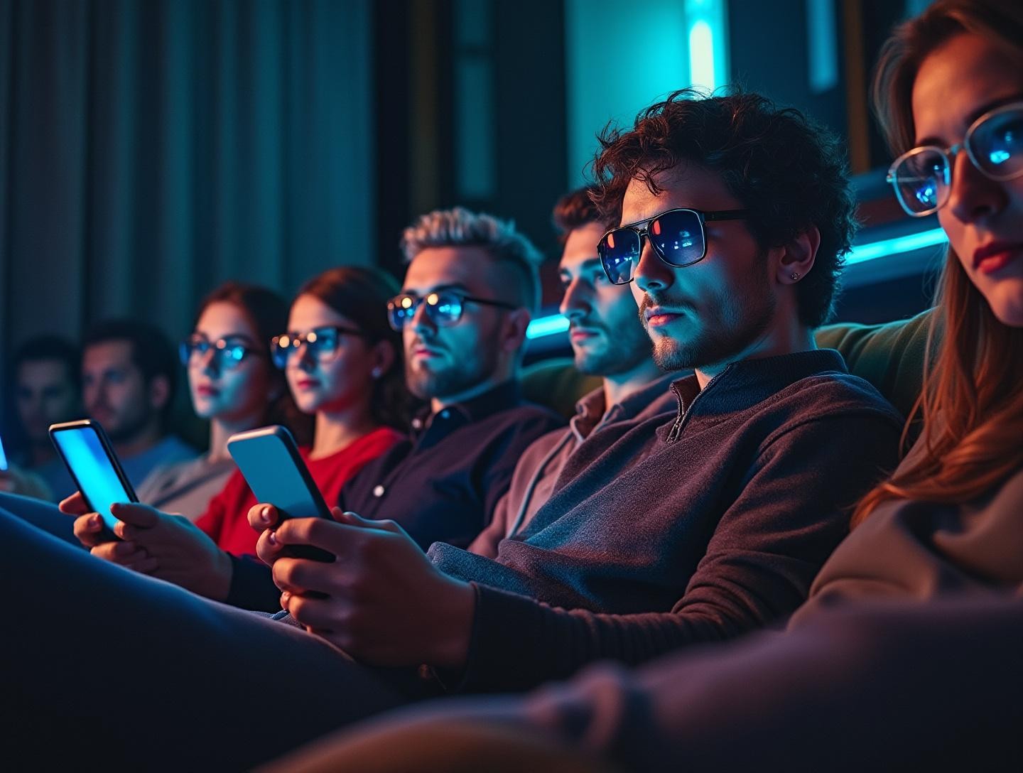 Casual indoor setting with diverse individuals relaxing and focused on their screens