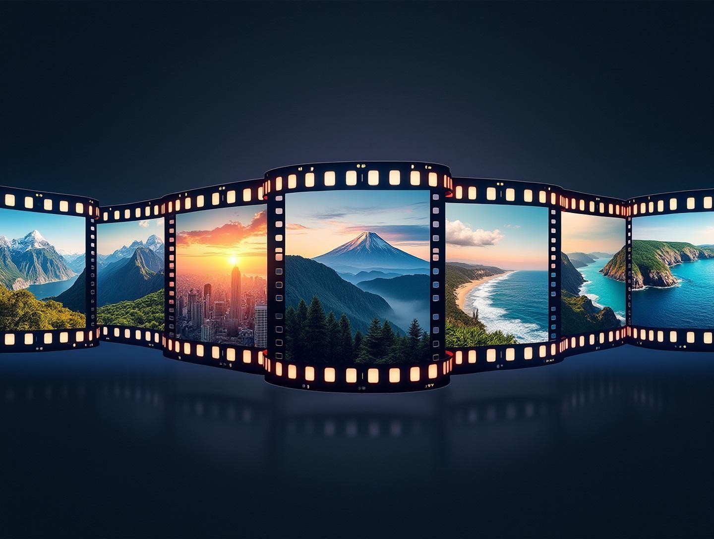 Sequence showcasing mountain views, cityscapes, and oceans creating an immersive cinematic experience