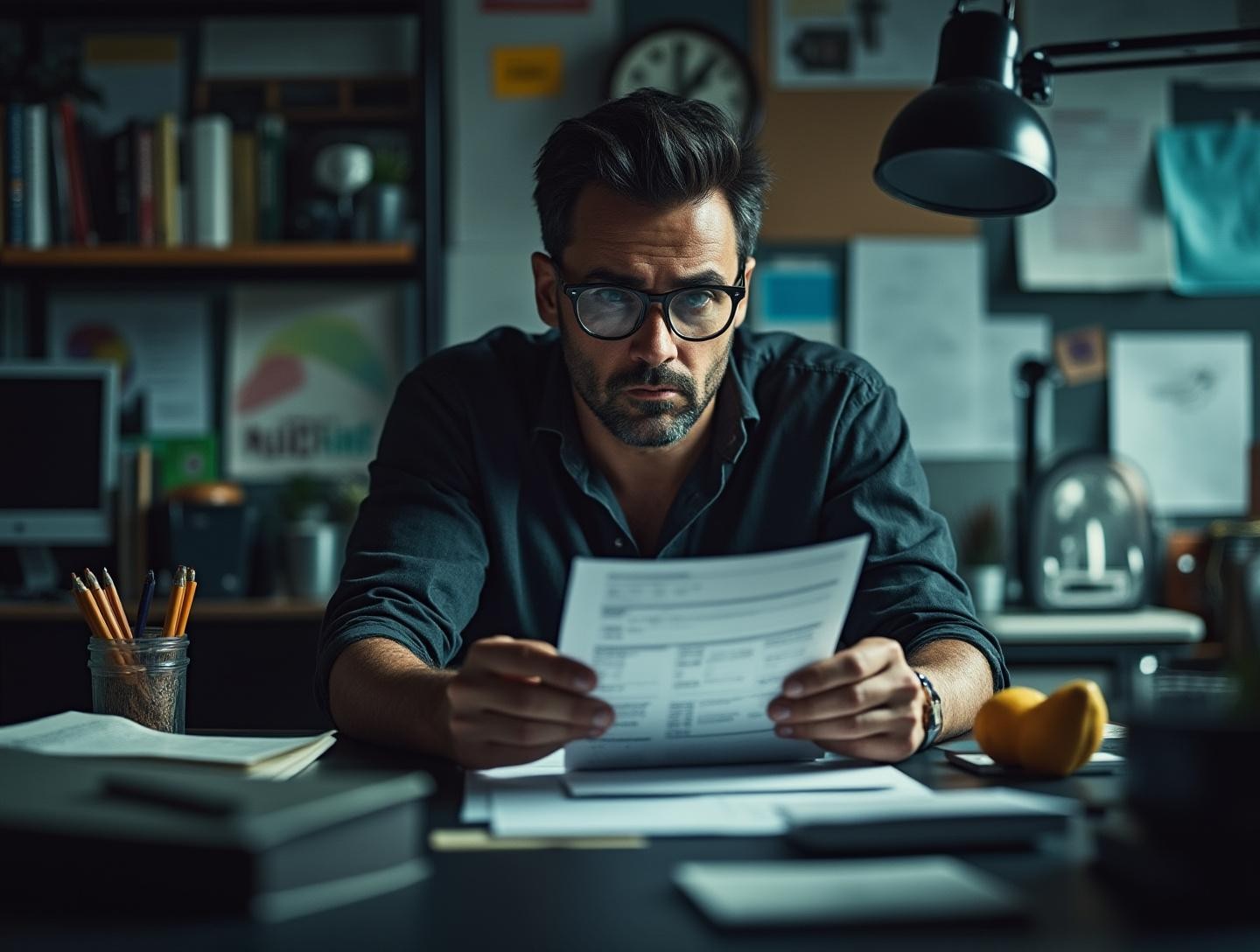 Sitting at a cluttered desk in a small, dimly lit office