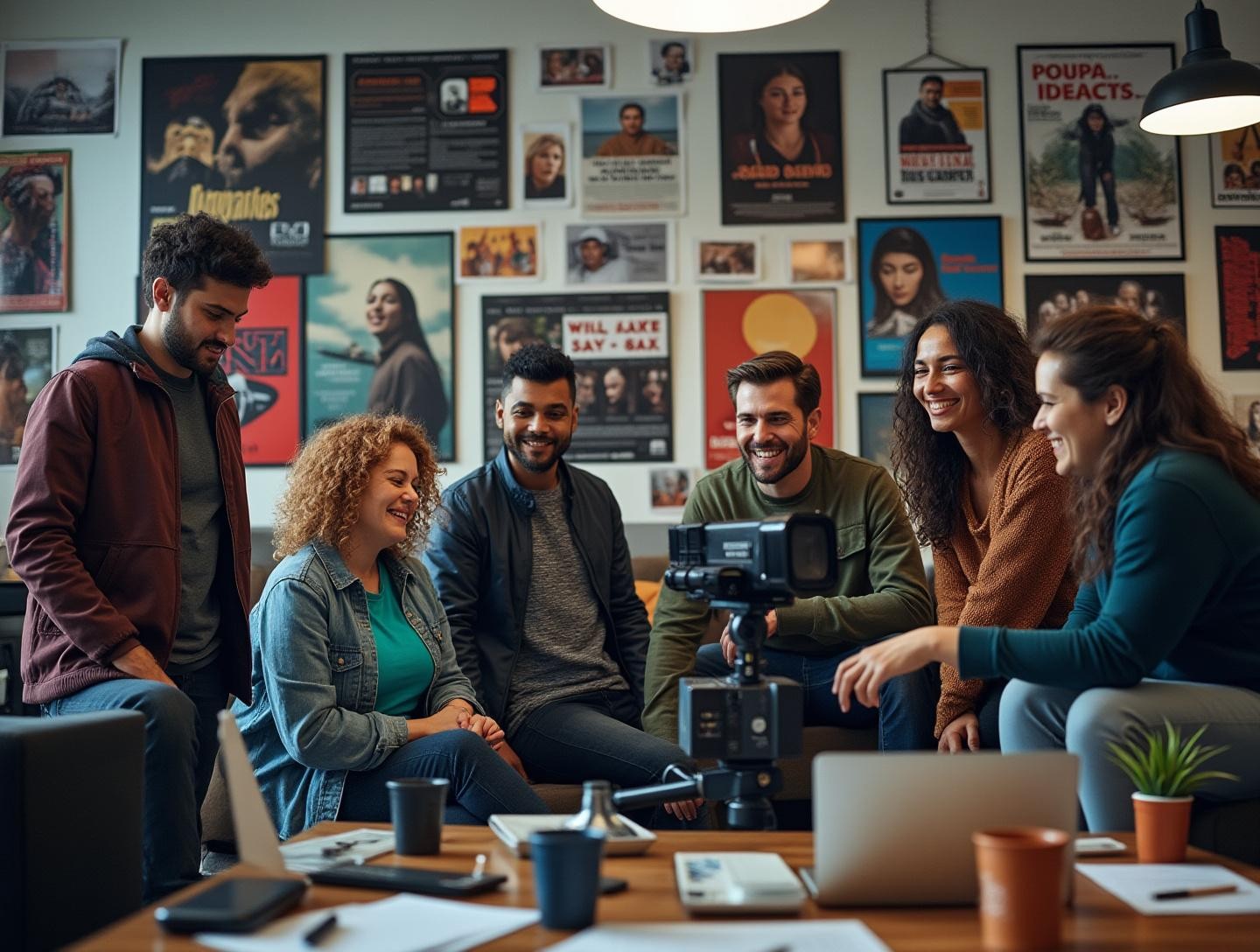 Bright room filled with film posters and camera equipment, relaxed atmosphere