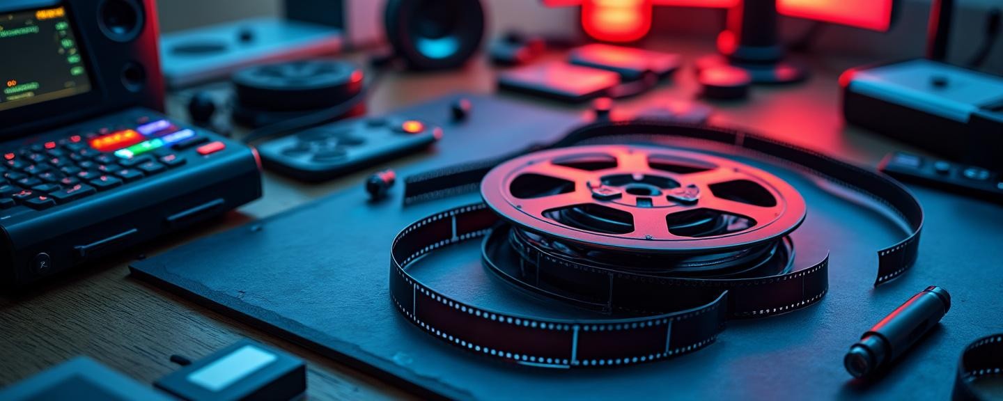 Spread out on a director's table with various film and editing tools