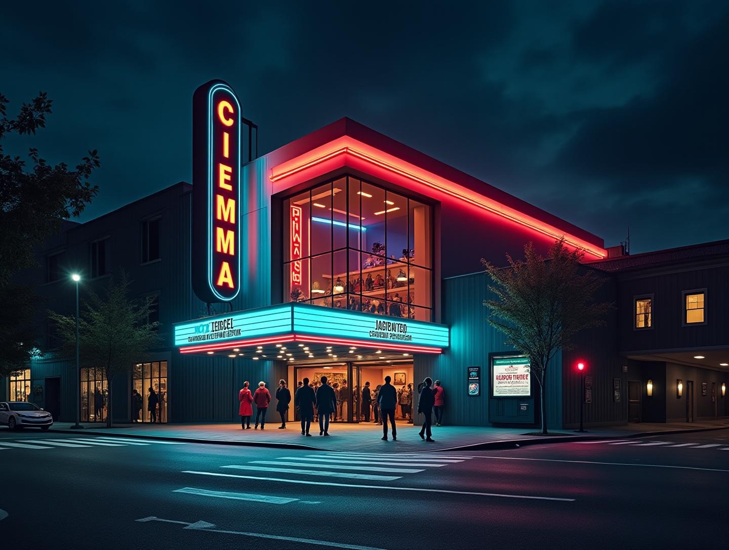 Modern building lit up at night with people entering to watch films