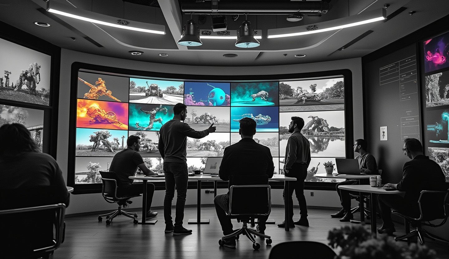 Professional workspace with animators collaborating over a digital screen displaying animation sequences.