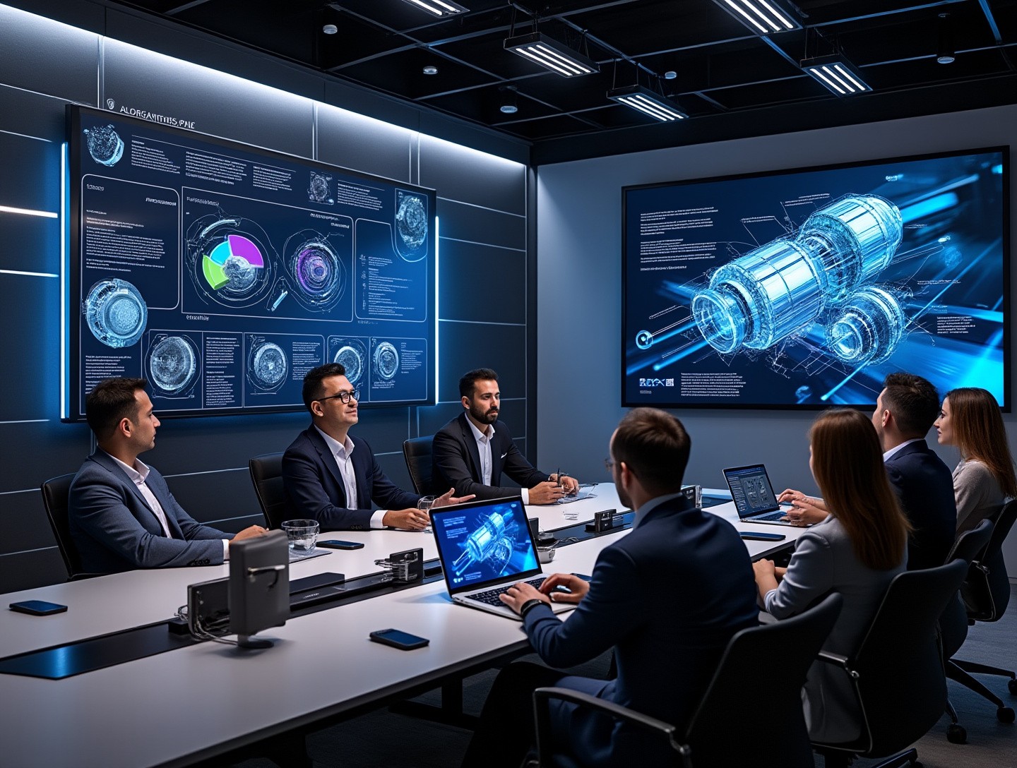 Modern conference room with executives watching an animated slide show on a large screen, focusing on engineering concepts.