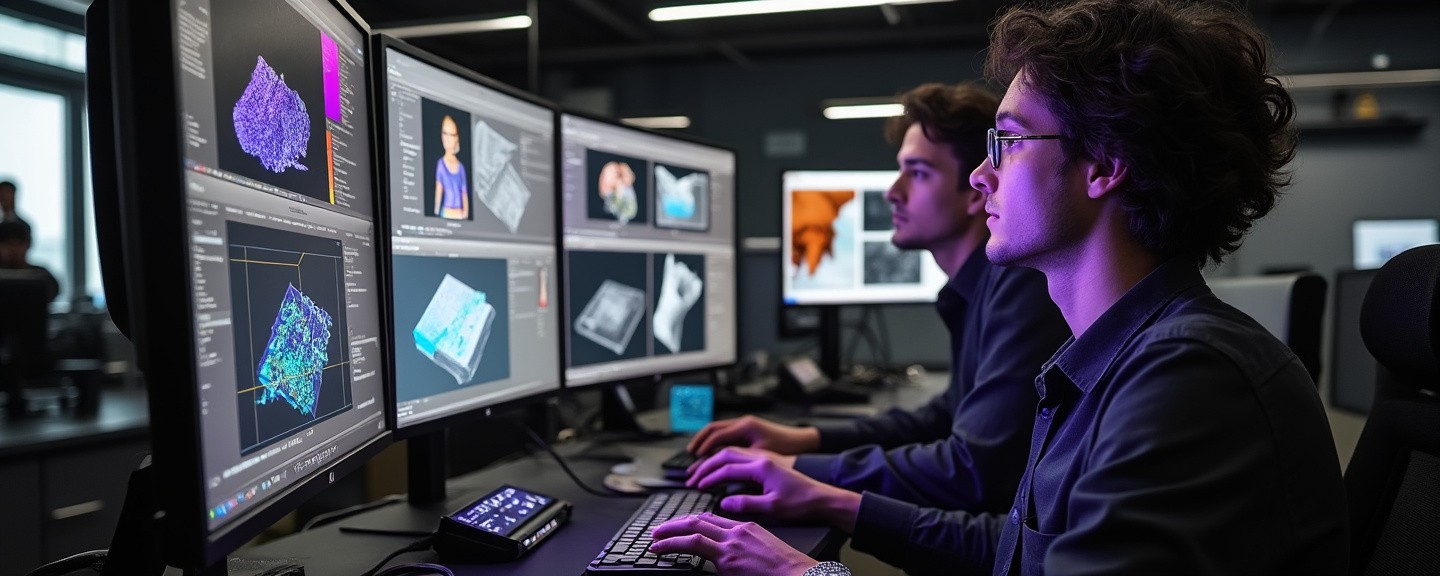 Group of professionals reviewing finalized animations on multiple monitors ensuring consistency and accuracy.