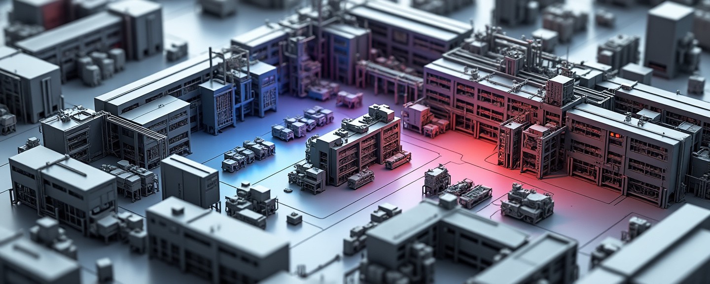Detailed 3D visualization of an industrial complex with various machinery and equipment showcased in a realistic layout.