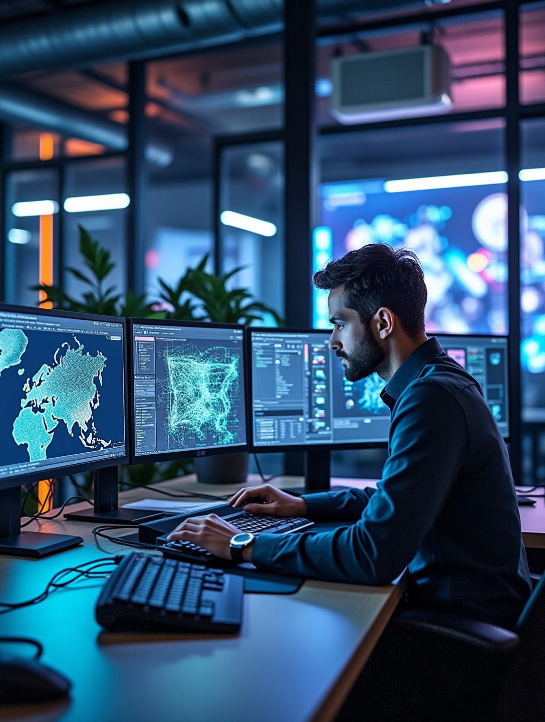 Modern office space featuring advanced computers displaying intricate designs, with engineers focusing on screens.