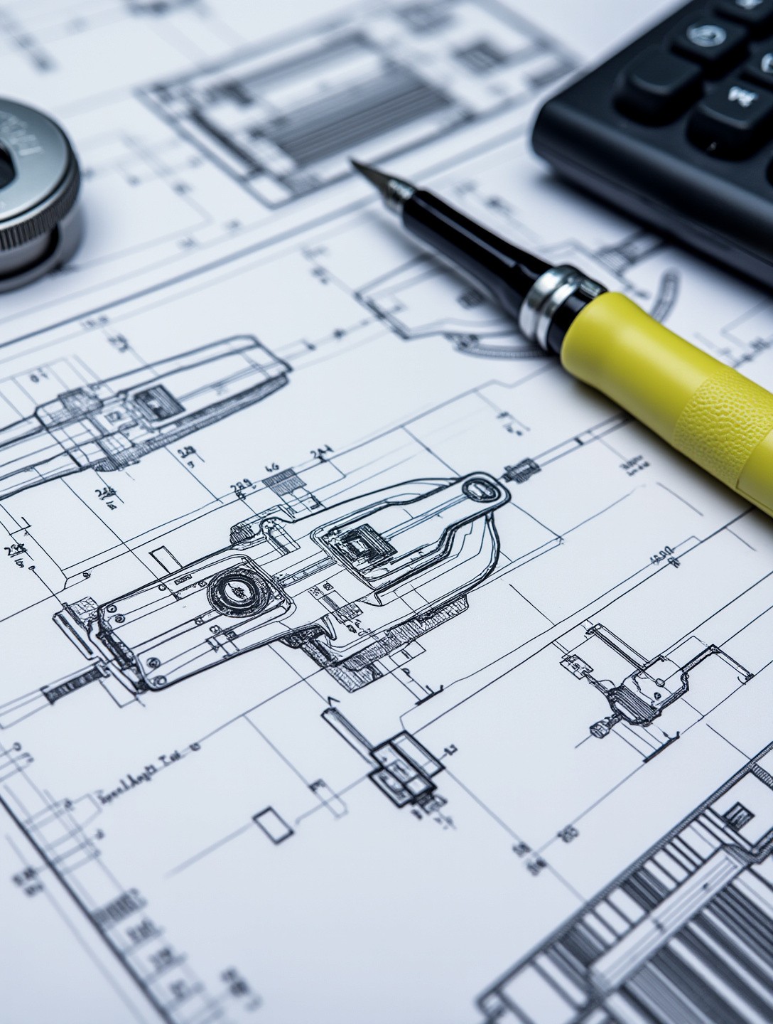 Close-up view of detailed technical drawings with engineering tools and instruments nearby on a workspace.