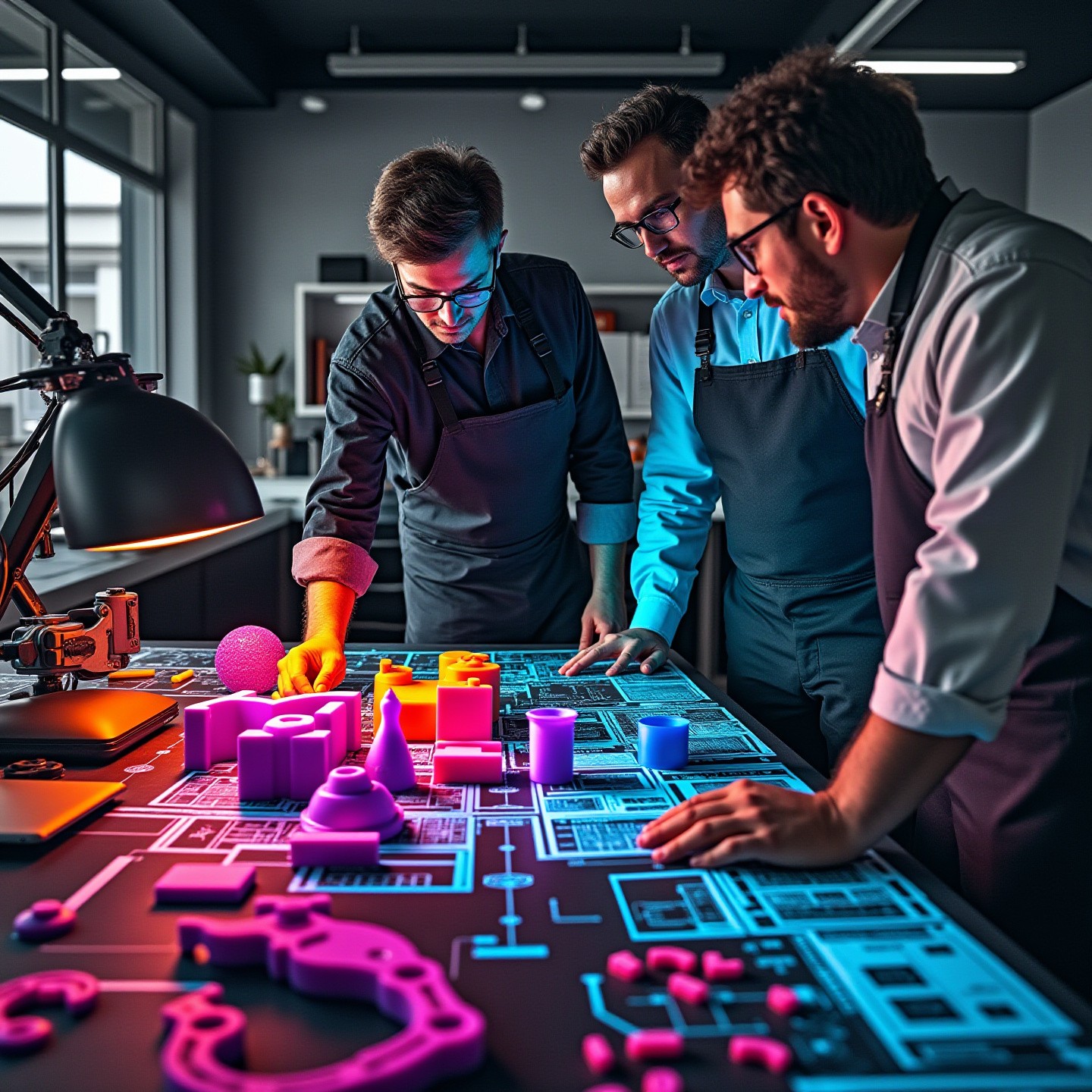 Collaborative environment with engineers discussing over a table filled with 3D printed prototypes and design blueprints.