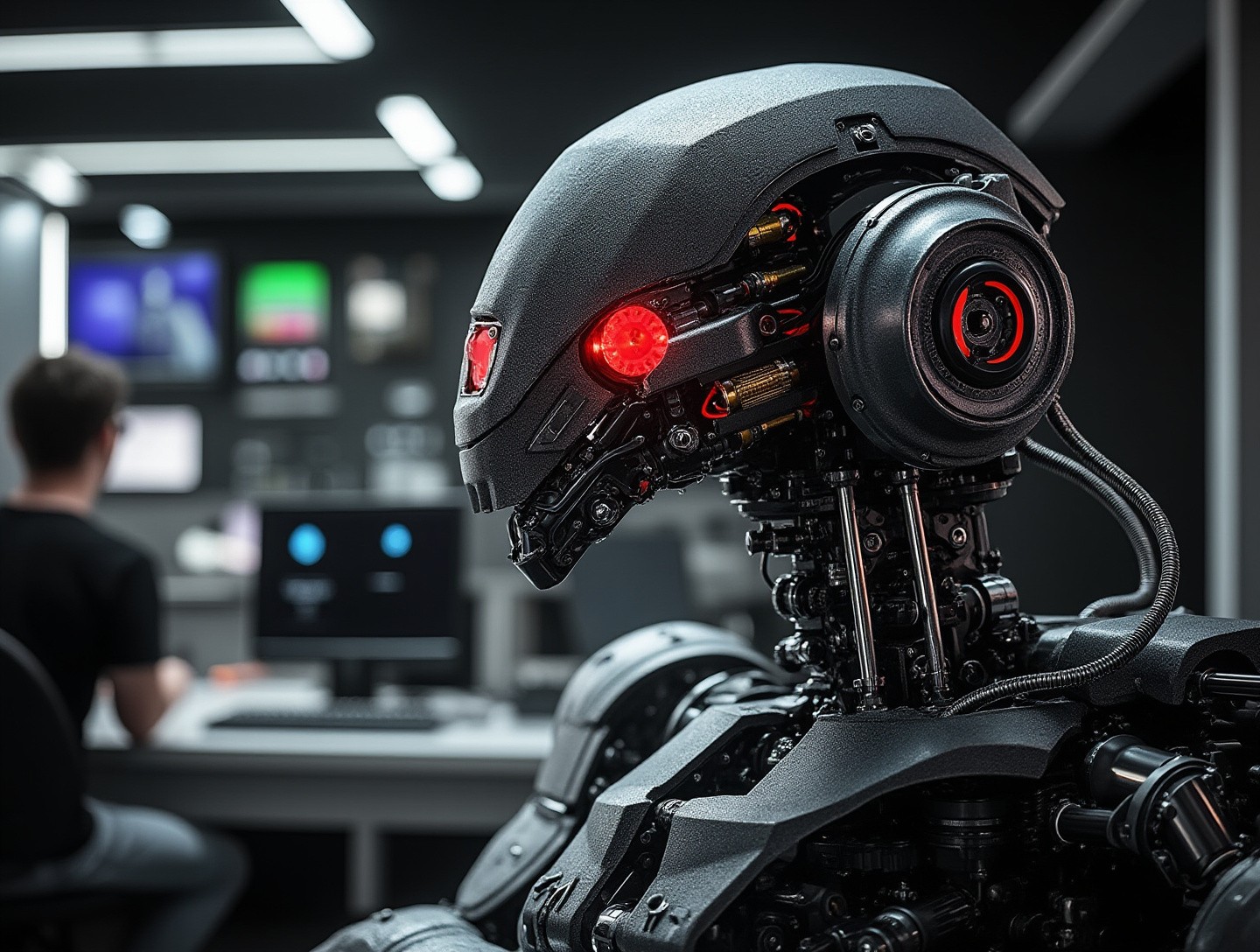 Animation studio setting where artists are working on large screens, crafting high-quality animated scenes depicting complex mechanical systems.