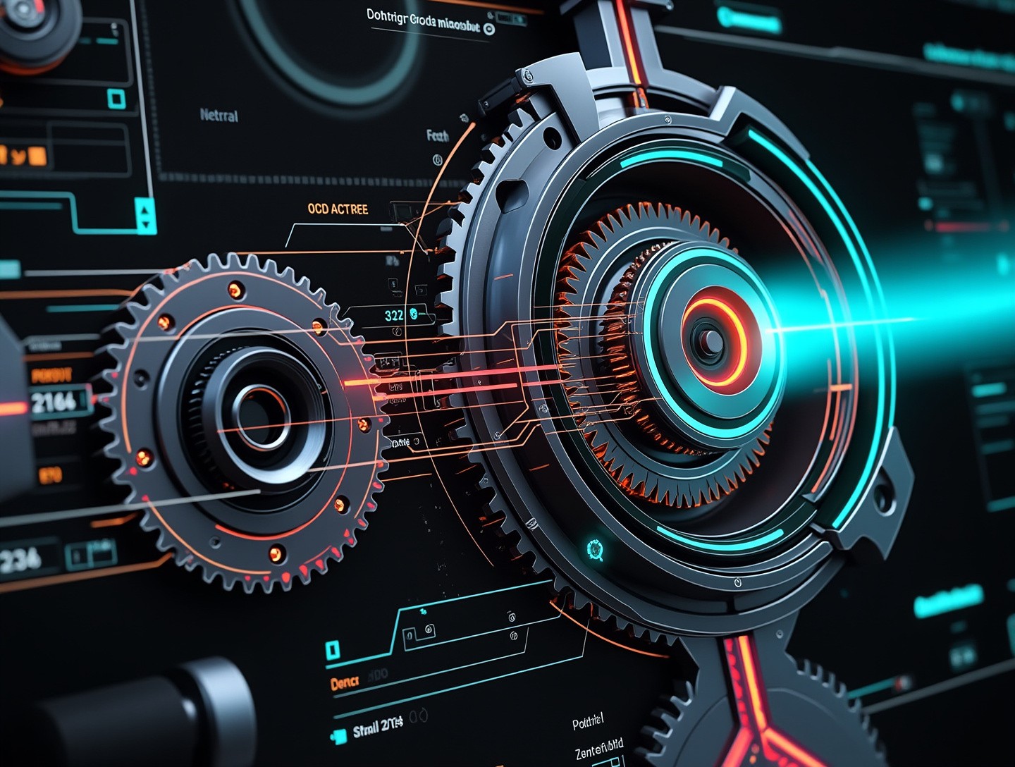 Animated mechanical gear components, showing both detailed parts and their integration in a system, surrounded by digital interface elements.