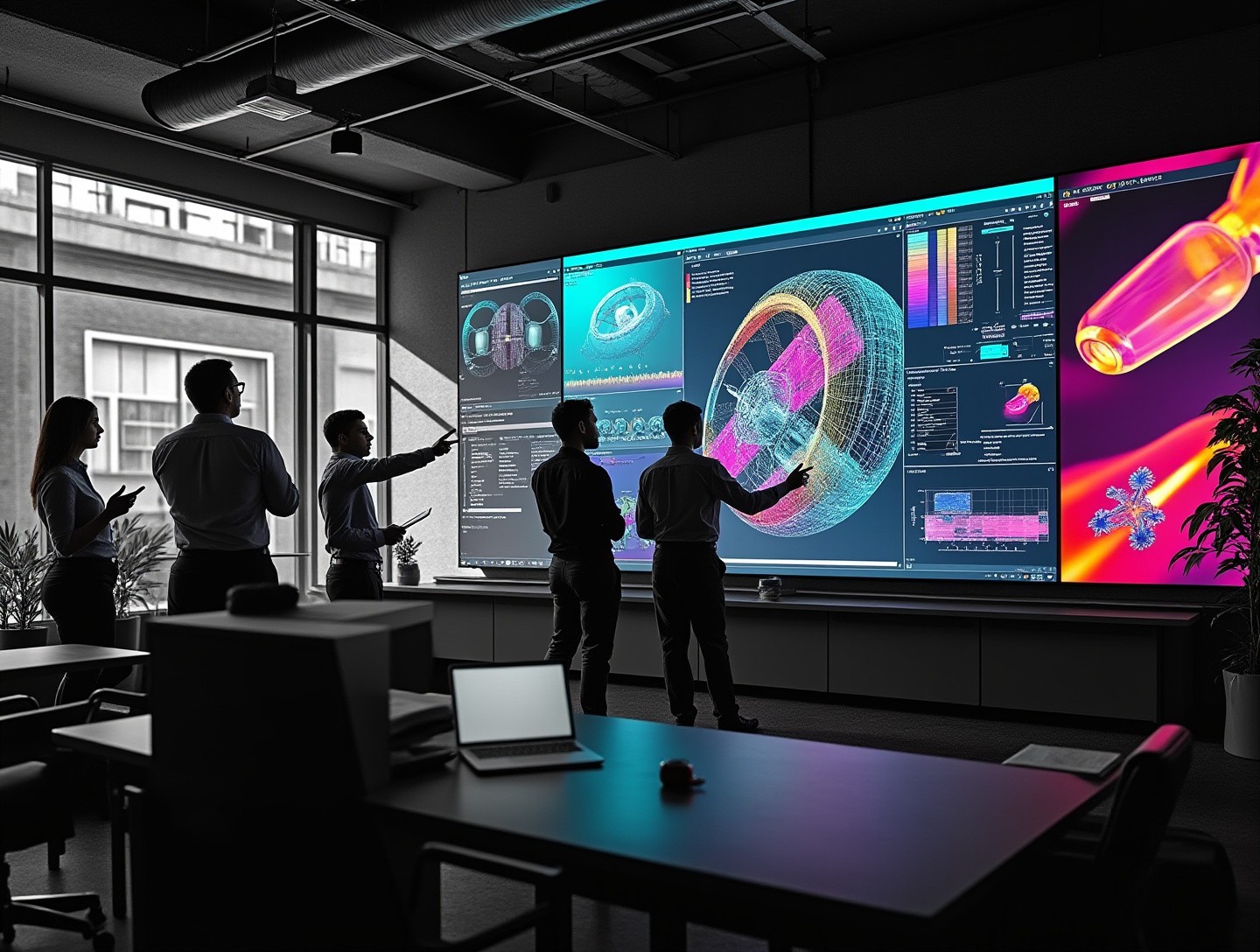 A showcase of animated engineering visuals on large display screens, with diverse team members discussing and pointing at visuals, backdrop of modern office setting.