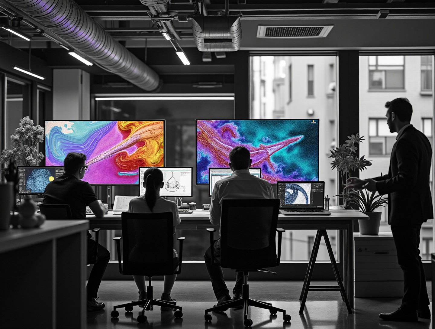 Modern workspace with large screens displaying design renderings