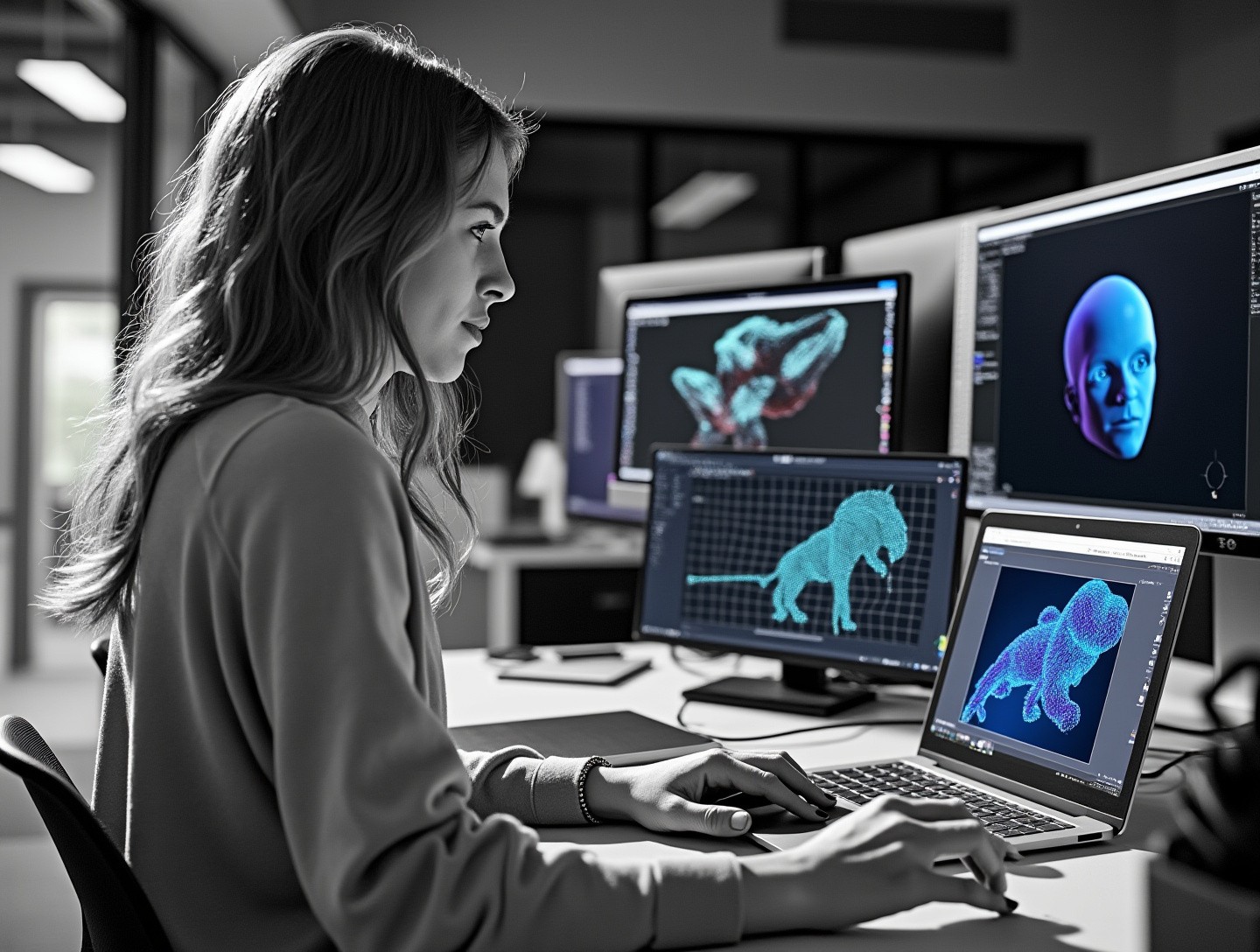 Innovative studio environment with multiple computers displaying high-quality designs