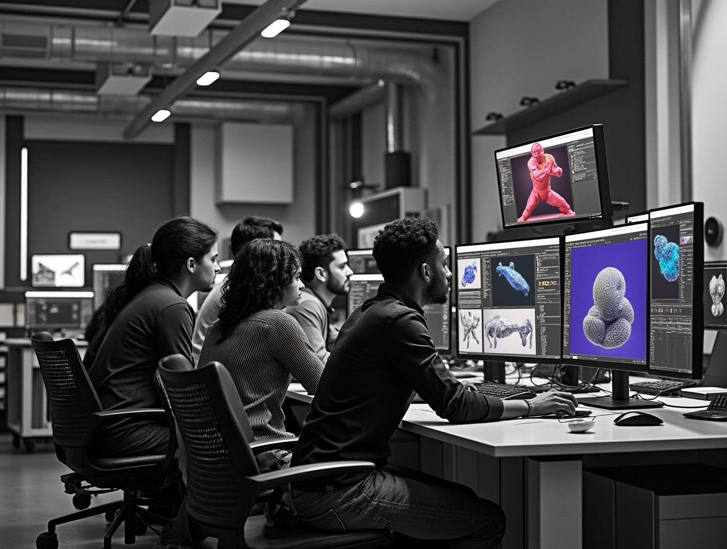 A diverse group of people collaborating in front of computer screens showcasing complex animation renders.
