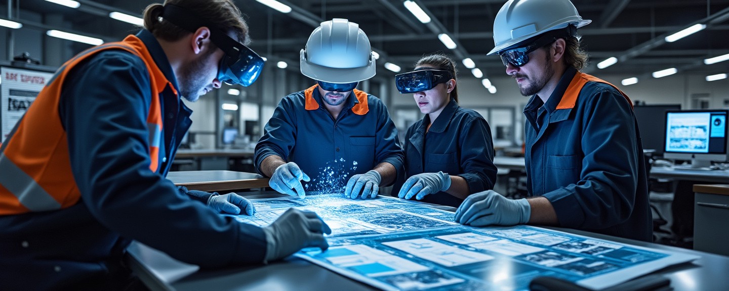 High-tech office environment with virtual reality tools and engineering charts
