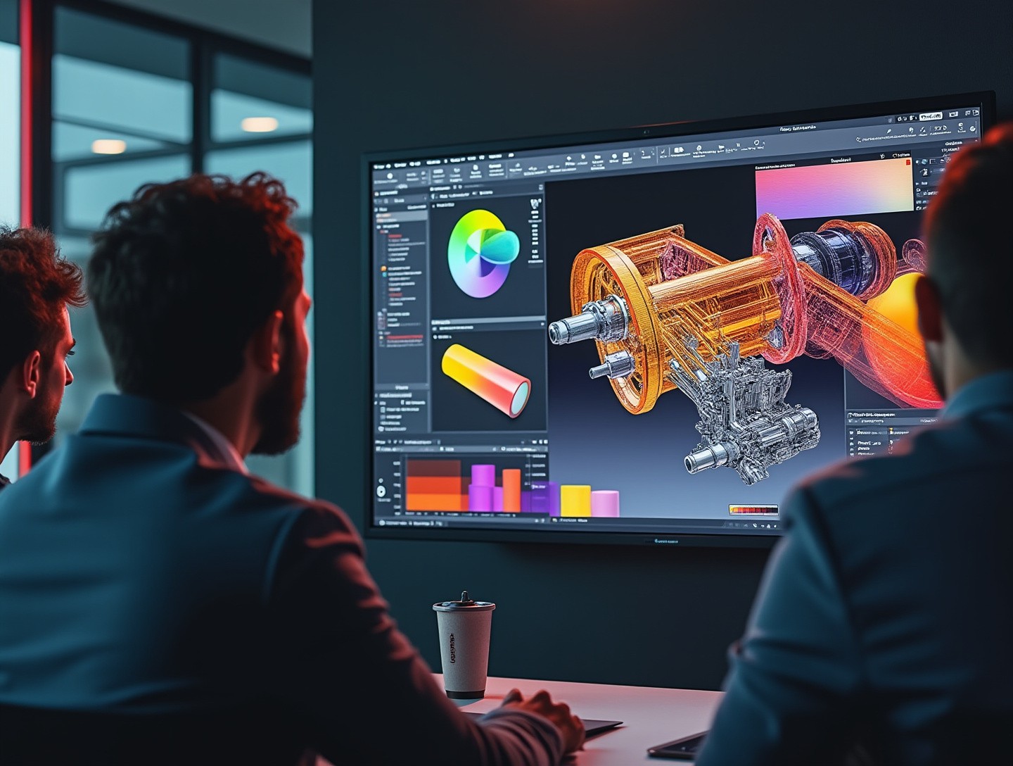 Conference room setting with diverse professionals focused on detailed visualization