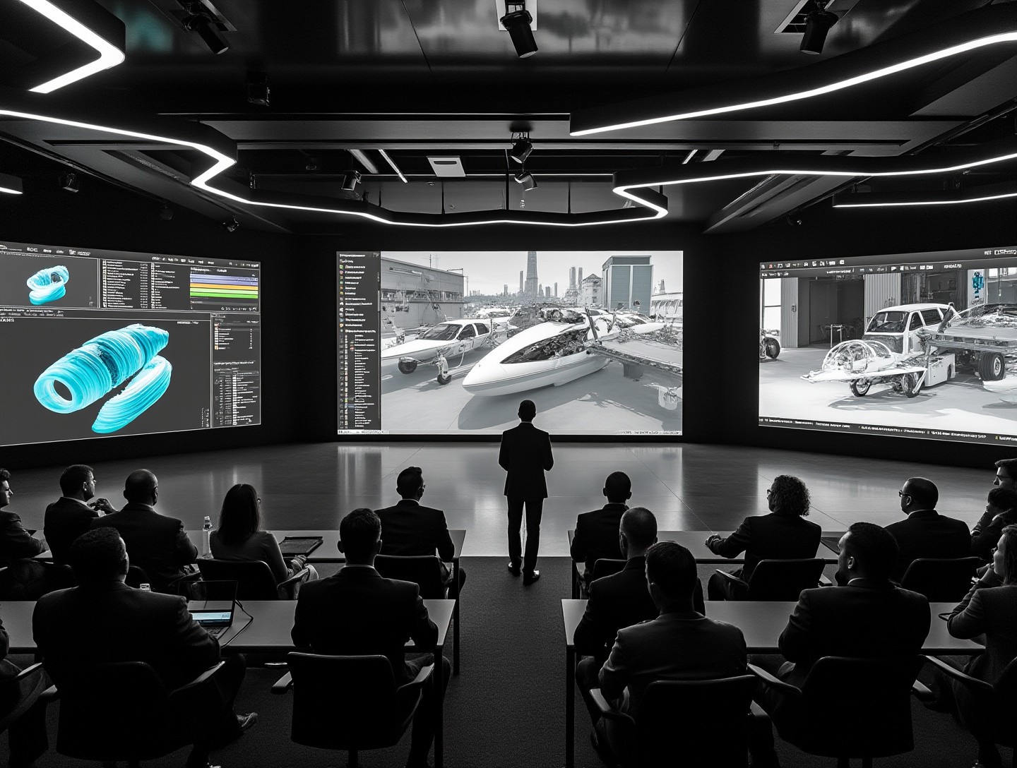 Diverse group of professionals observing a large digital screen displaying advanced visualizations with immersive texturing in a modern tech conference setting