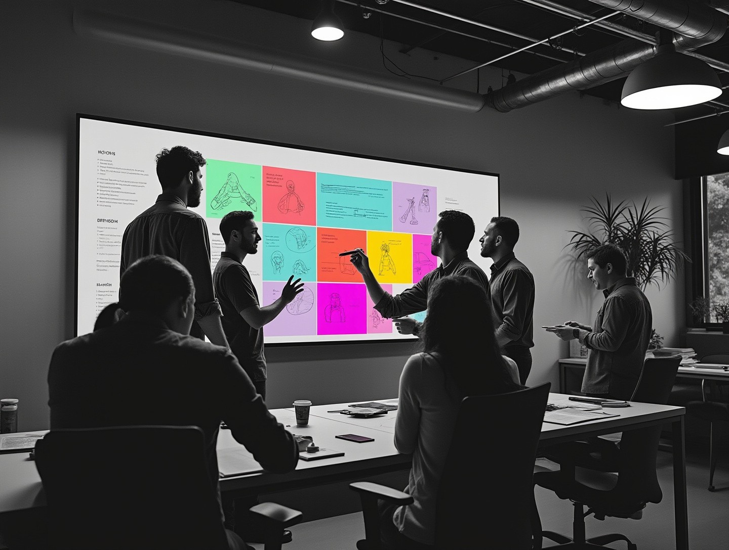 Office setting with team members brainstorming and sketching concepts on a whiteboard