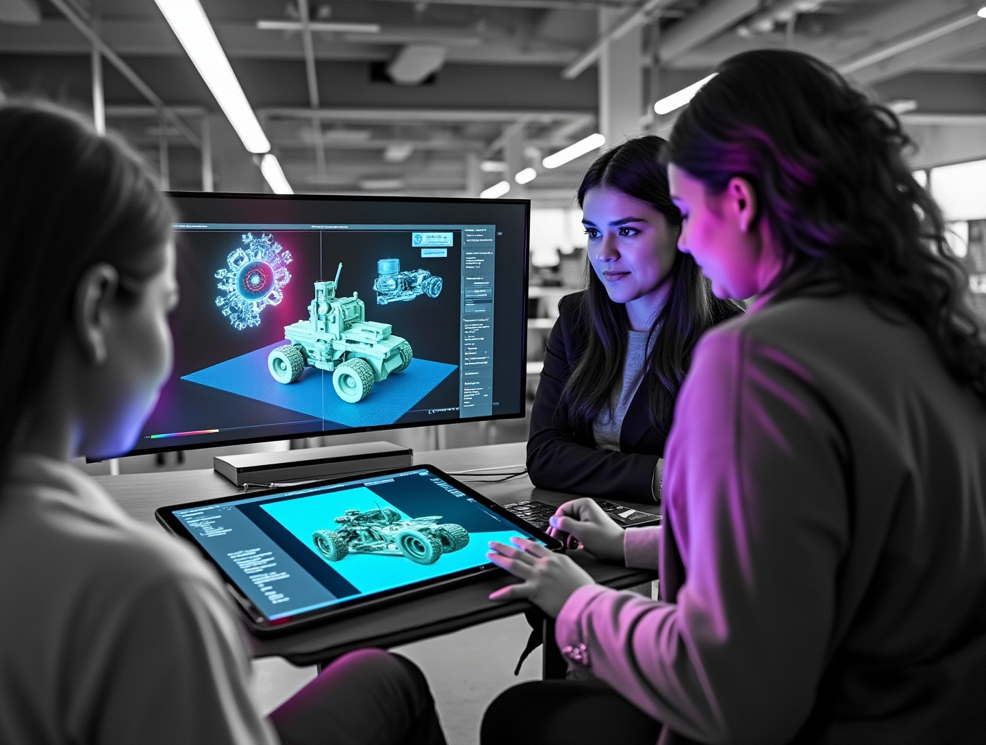 Modern office space where colleagues are looking at 3D renderings on a large tablet
