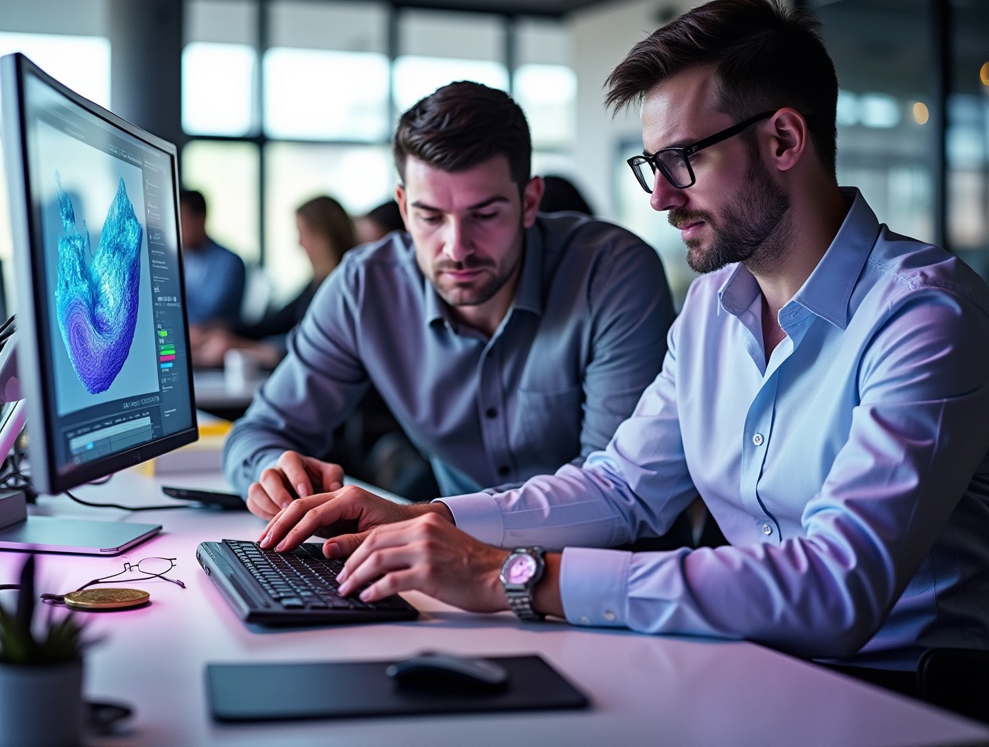 Modern office setting with high-tech computers showing rapid visualization outputs