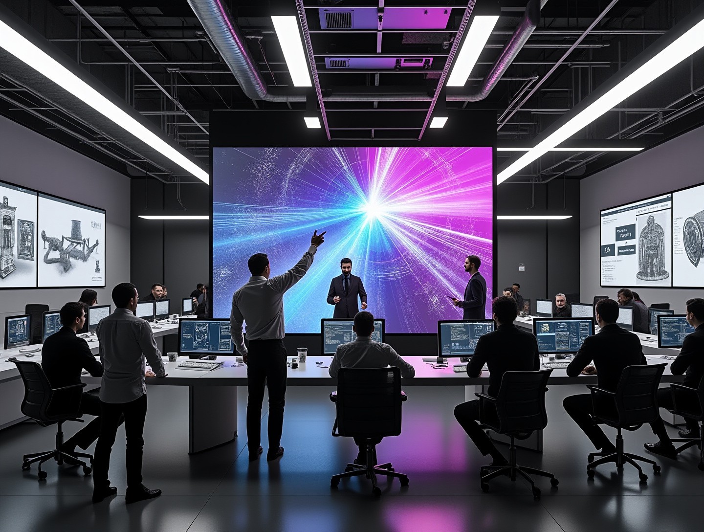 Modern lab with large interactive screens showcasing smooth rendering processes