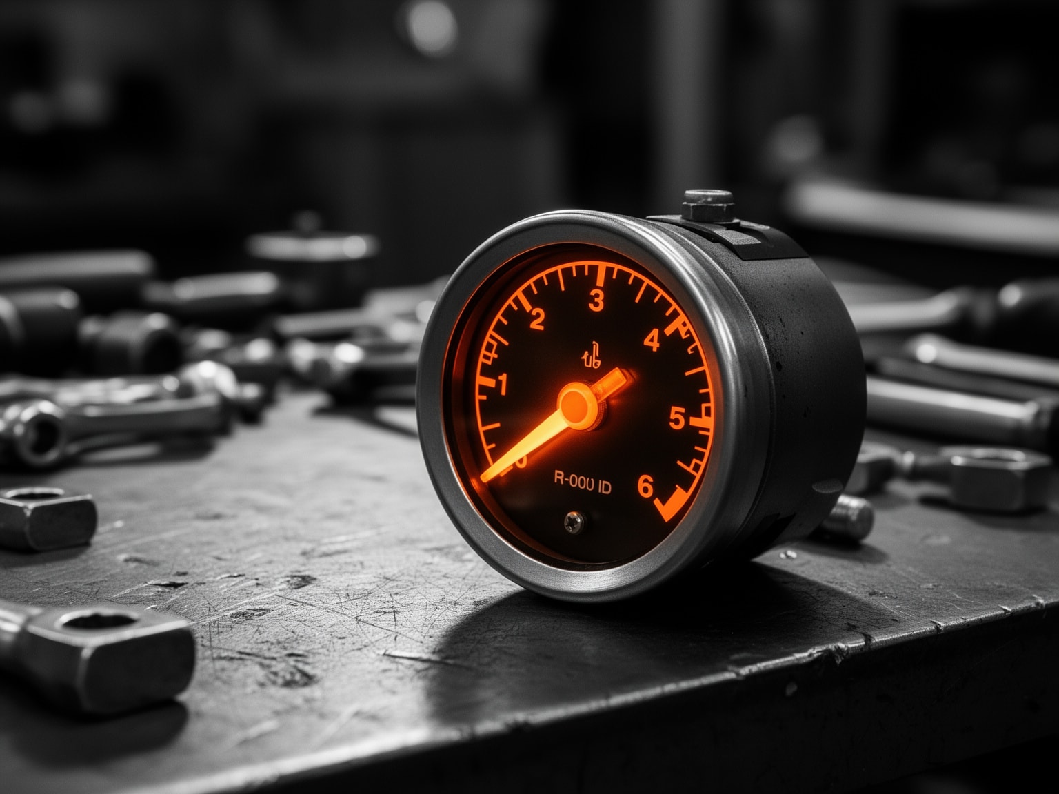 Industrial speedometer with sunrise amber needle on grayscale mechanic workbench symbolizing quick launch