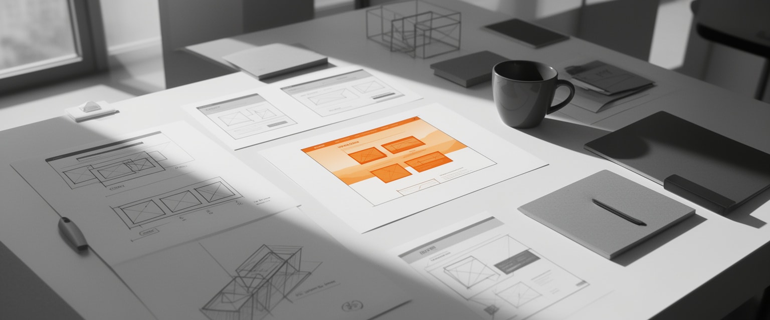 Close-up of modern workspace showing website layout sketch highlighted in sunrise amber on a minimalist grayscale desk