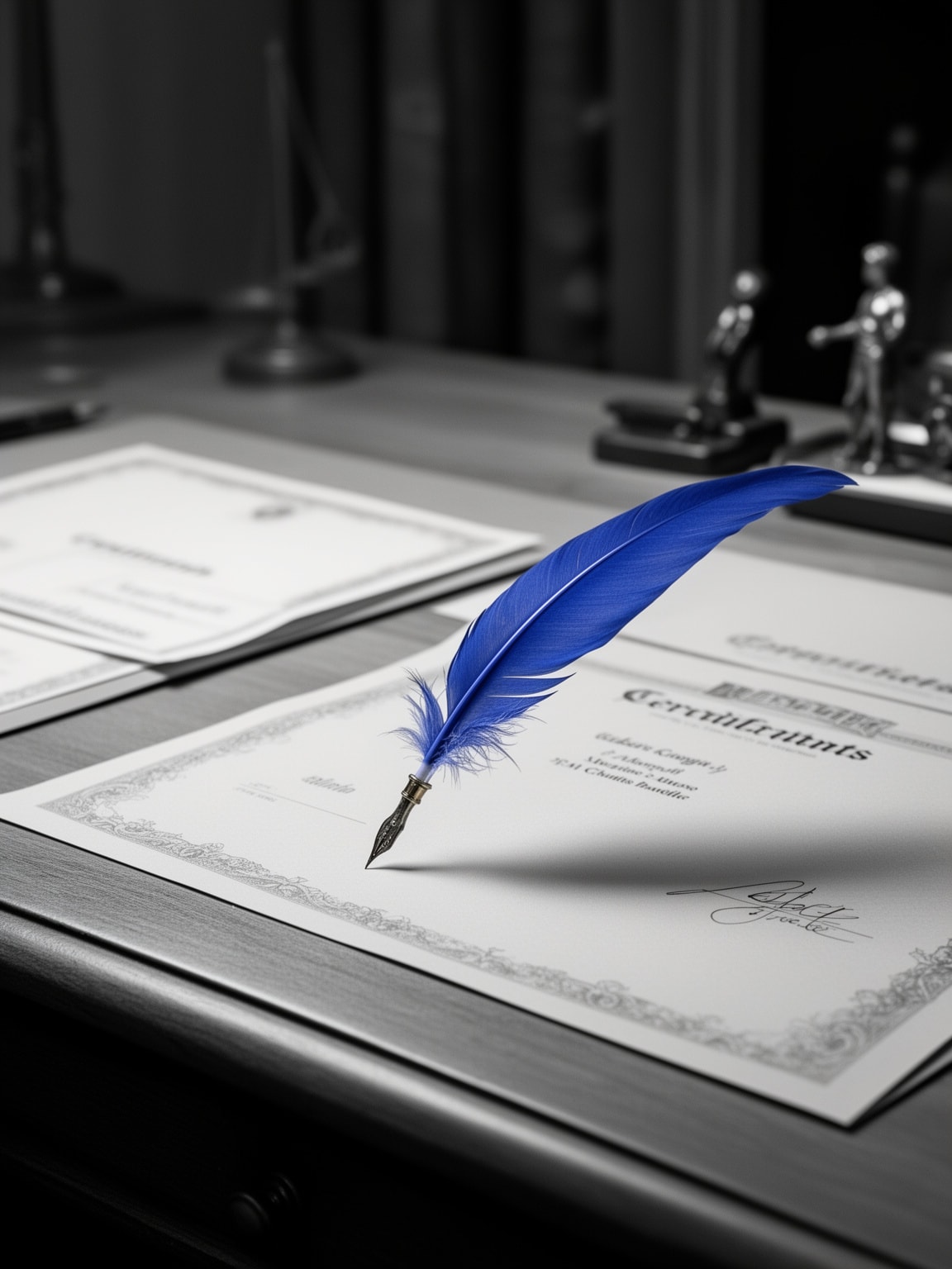 Quill pen in soft indigo resting on a vintage desk with blank certificate mats representing expertise