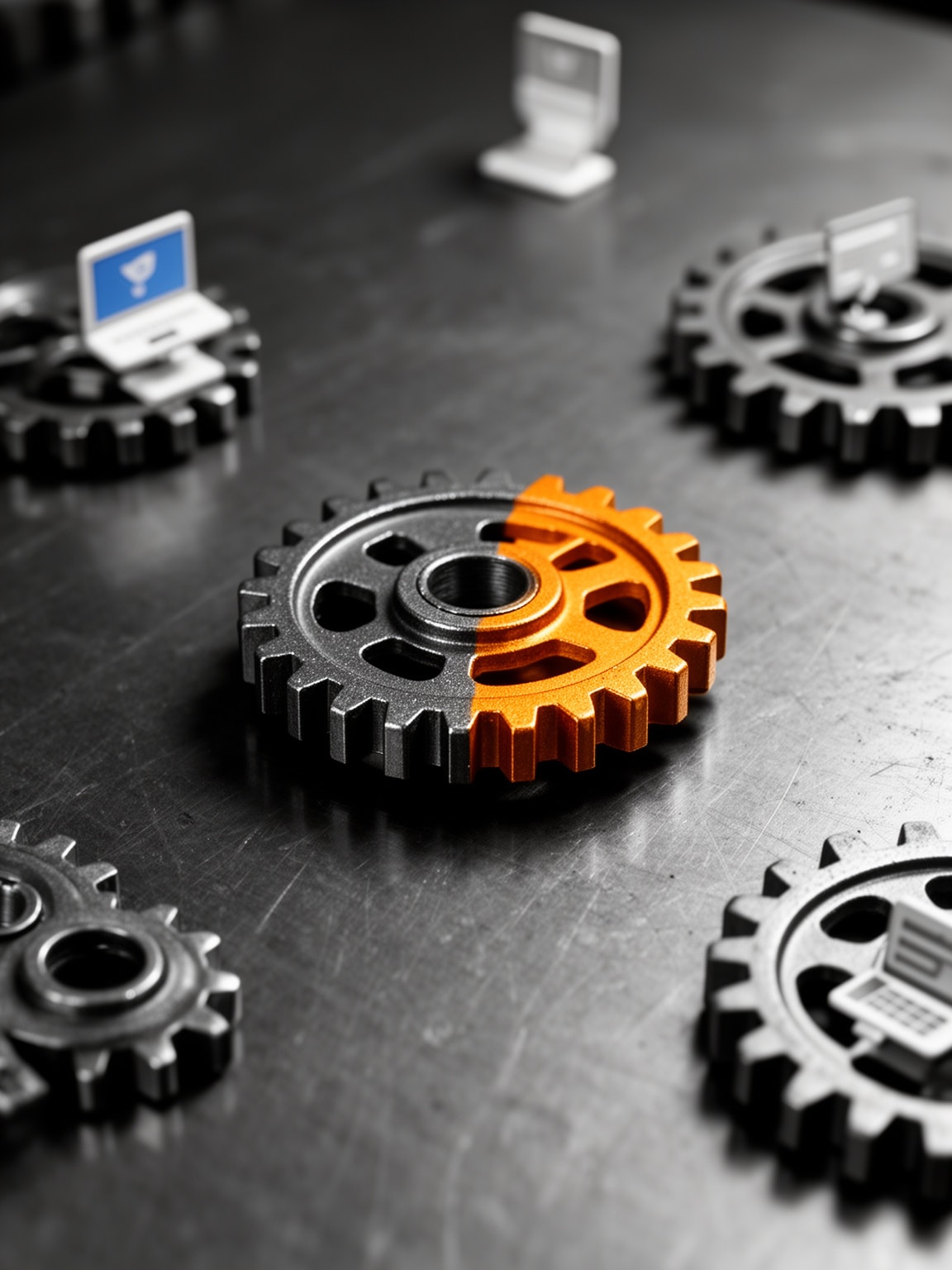Close-up of interlocking metal gears on graphite textured surface with one gear highlighted in graphite color