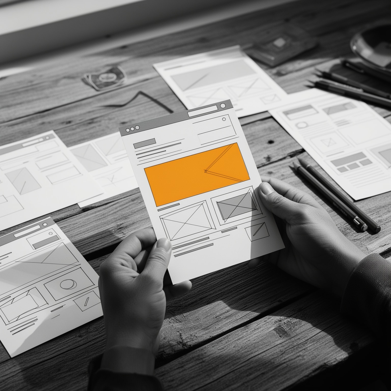 Hands holding website wireframe model with sunrise amber highlighted section over wooden design workspace