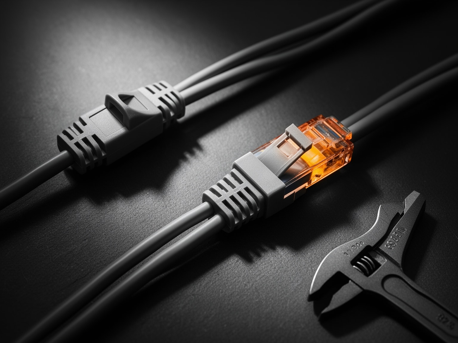 Close-up of graphite toned network cable connector on dark industrial metal background with maintenance tools