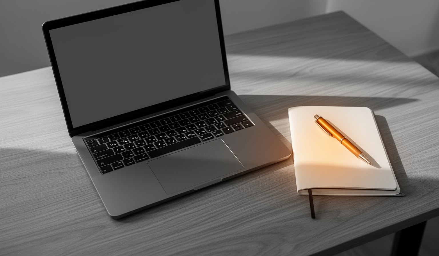 Modern minimalist workspace with sunrise amber pen highlighting on wooden desk in black-and-white environment