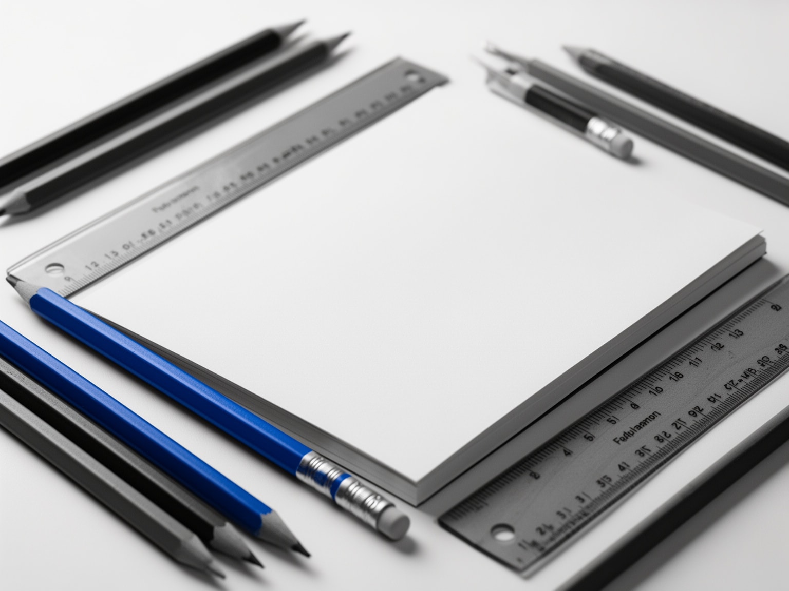 Design tools including soft indigo pencils and rulers arranged around blank sketchbook on white surface in black-and-white scene
