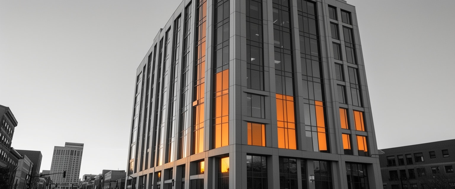 Modern office building exterior with sunrise amber window reflections in urban Colorado setting