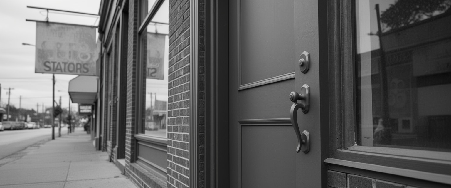 Vintage brick storefront with selective graphite-colored door handle detail on quiet local street